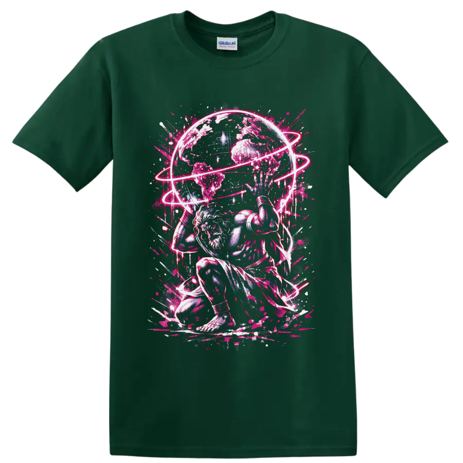 White-haired cosmic warrior beneath a globe with neon-pink orbital rings on a Forest Green T Shirt