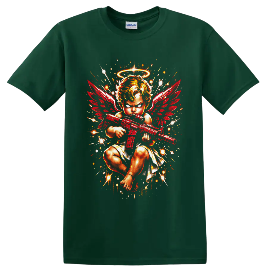 Fierce haloed angel baby with red wings holding a rifle in fiery fantasy art on a Forest Green T Shirt