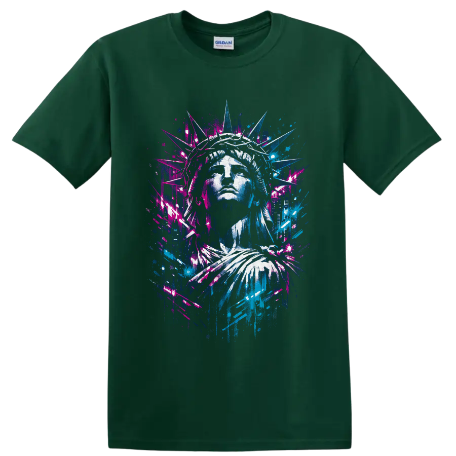 Statue of Liberty portrait in neon graffiti street-art style with urban splatter accents on a Forest Green T Shirt