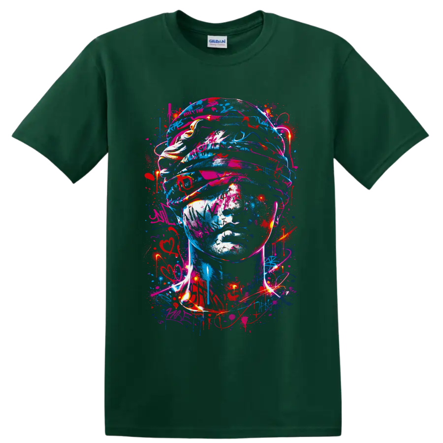 Neon graffiti-style soldier helmet portrait with paint splatters and glowing light trails on a Forest Green T Shirt
