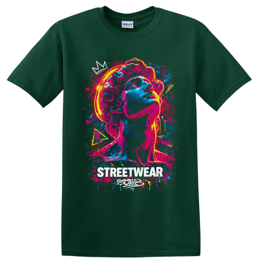 Neon graffiti classical statue bust with paint splashes and STREETWEAR text on a Forest Green T Shirt