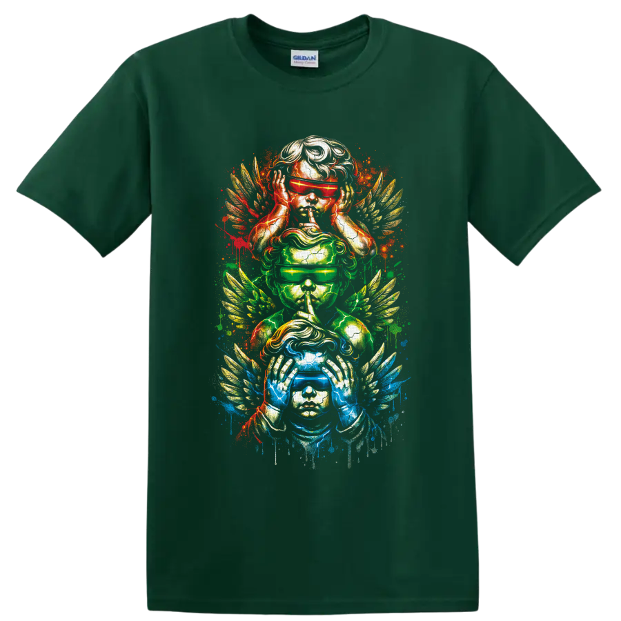 Three winged figures portraying hear, speak, and see no evil in neon splatter art on a Forest Green T Shirt