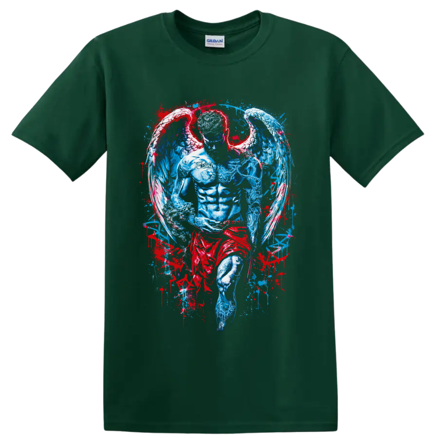 Winged angel warrior in blue and crimson gothic fantasy splatter illustration on a Forest Green T Shirt