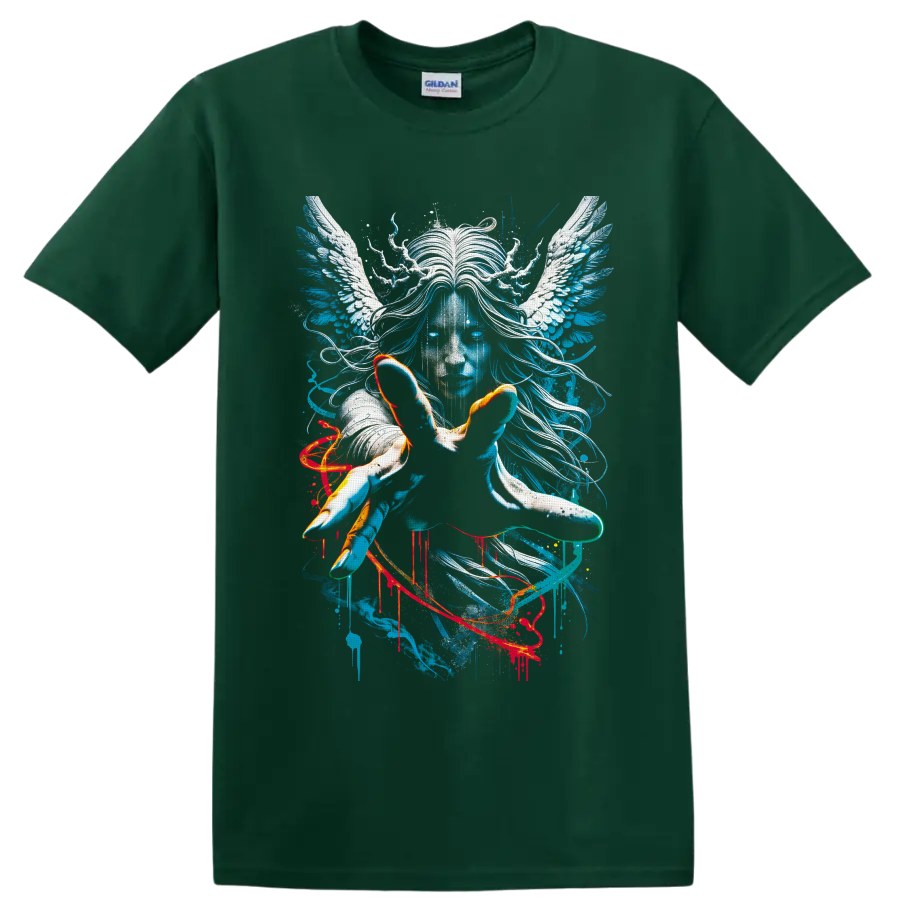 Surreal blue winged portrait with white angel wings, flowing hair, and paint splatter on a Forest Green T Shirt