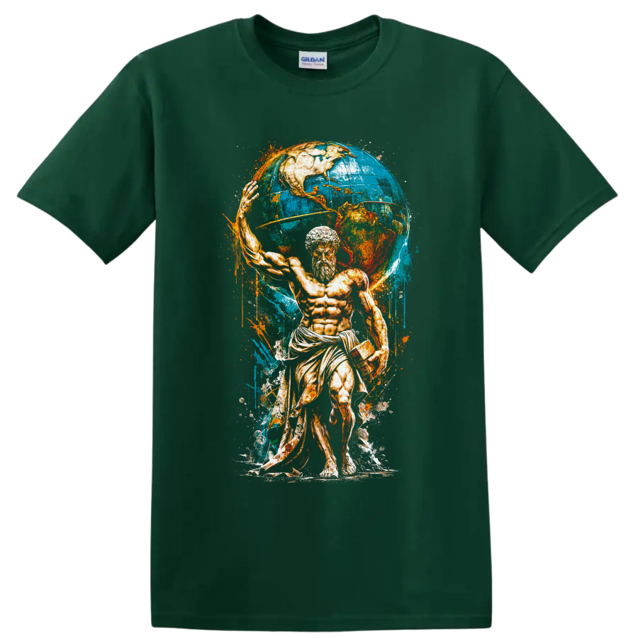 Atlas-inspired classical Titan with a blue world globe in distressed vintage paint art on a Forest Green T Shirt