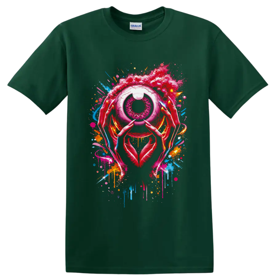 Surreal pink eye held by pointed hands with neon graffiti splatters and drips on a Forest Green T Shirt