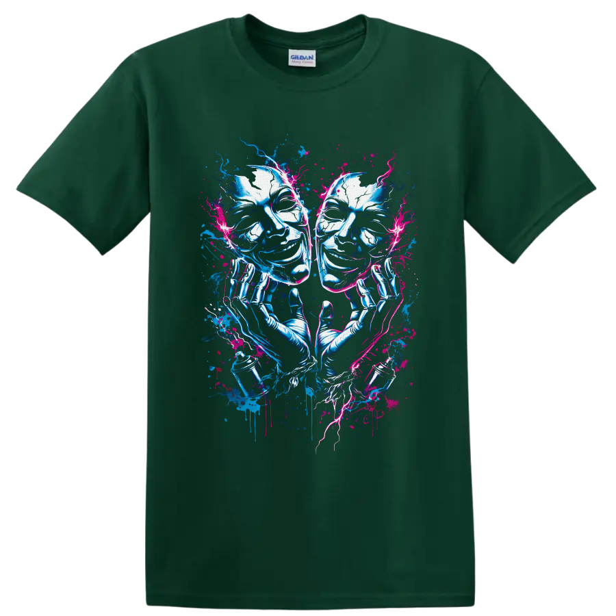 Comedy and tragedy theater masks with gloved hands in neon blue and pink graffiti art on a Forest Green T Shirt