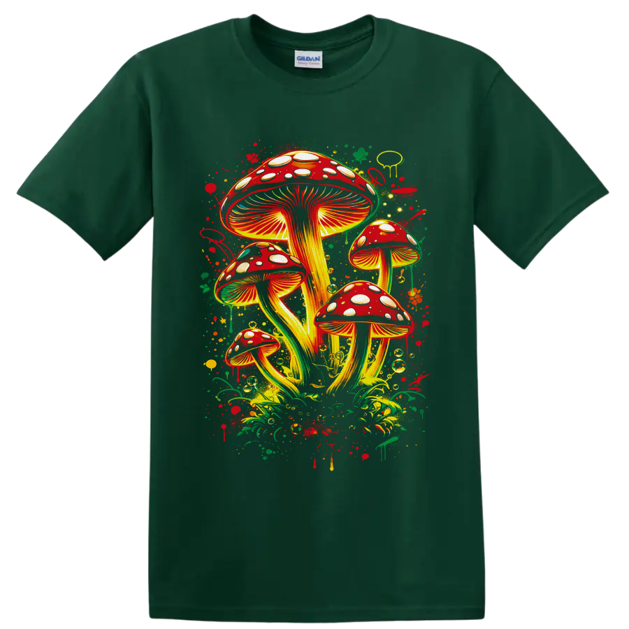 Psychedelic red spotted mushroom cluster with golden gills and forest splatters on a Forest Green T Shirt