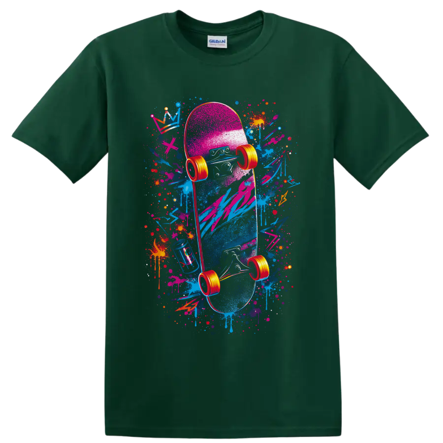 Neon graffiti-style skateboard graphic with paint splatters, drips, and bright wheels on a Forest Green T Shirt