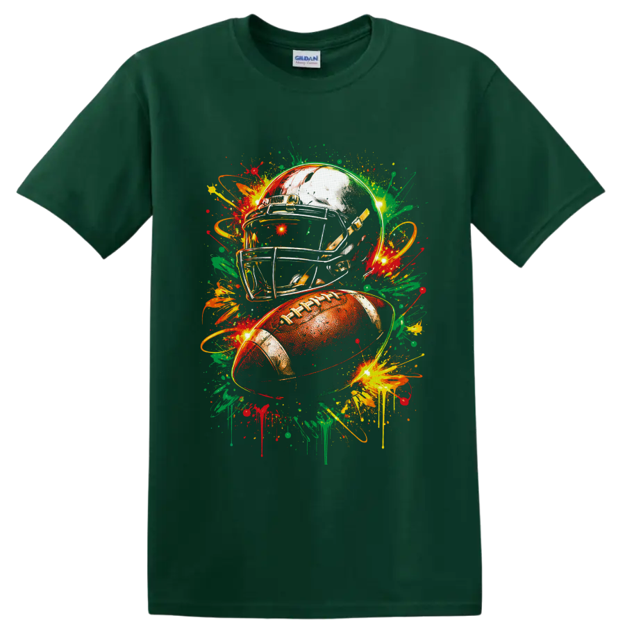 Football helmet and ball with vibrant graffiti-style paint splashes on a Forest Green T Shirt