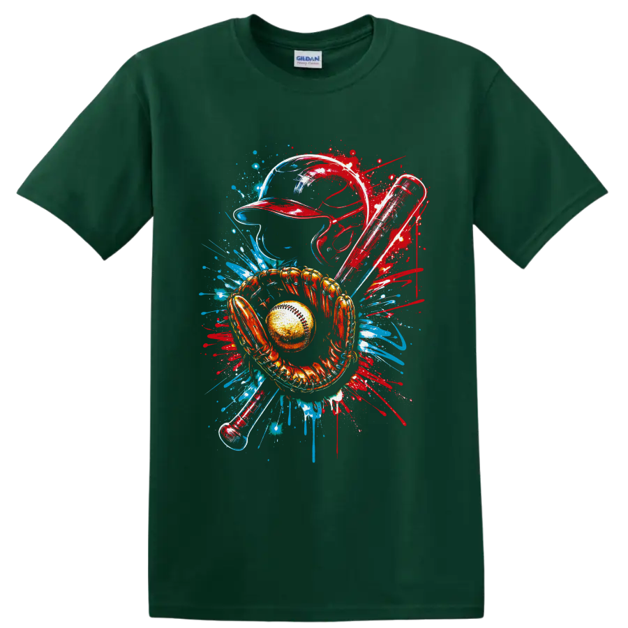Baseball catcher helmet, mitt, ball and bats in red and blue graffiti splash art on a Forest Green T Shirt