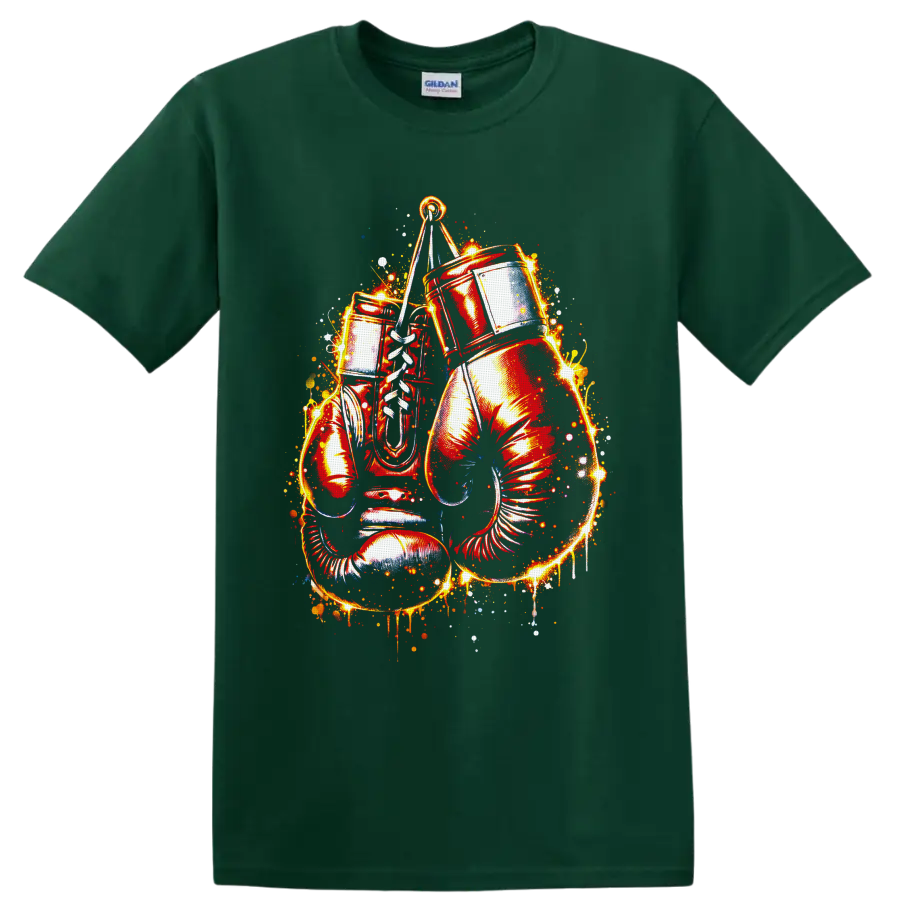 Fiery drum set with cymbal, drumsticks, sparks, and paint splatter graphic on a Forest Green T Shirt
