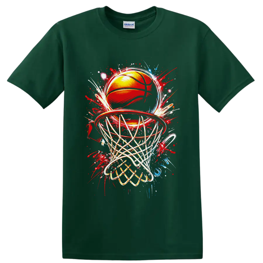 Basketball hoop and ball with net in colorful graffiti splash art on a Forest Green T Shirt
