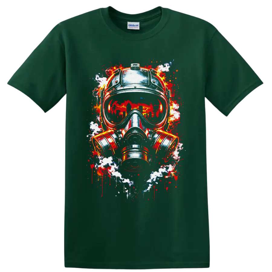Dystopian gas mask illustration with burning city skyline, flames, smoke, and paint on a Forest Green T Shirt