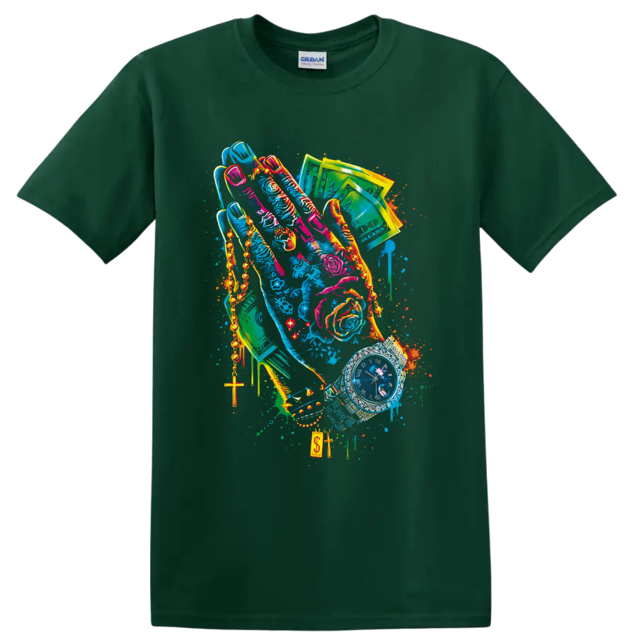 Colorful urban collage of high-top sneakers, cash, chains, roses, cross pendant, and watch on a Forest Green T Shirt