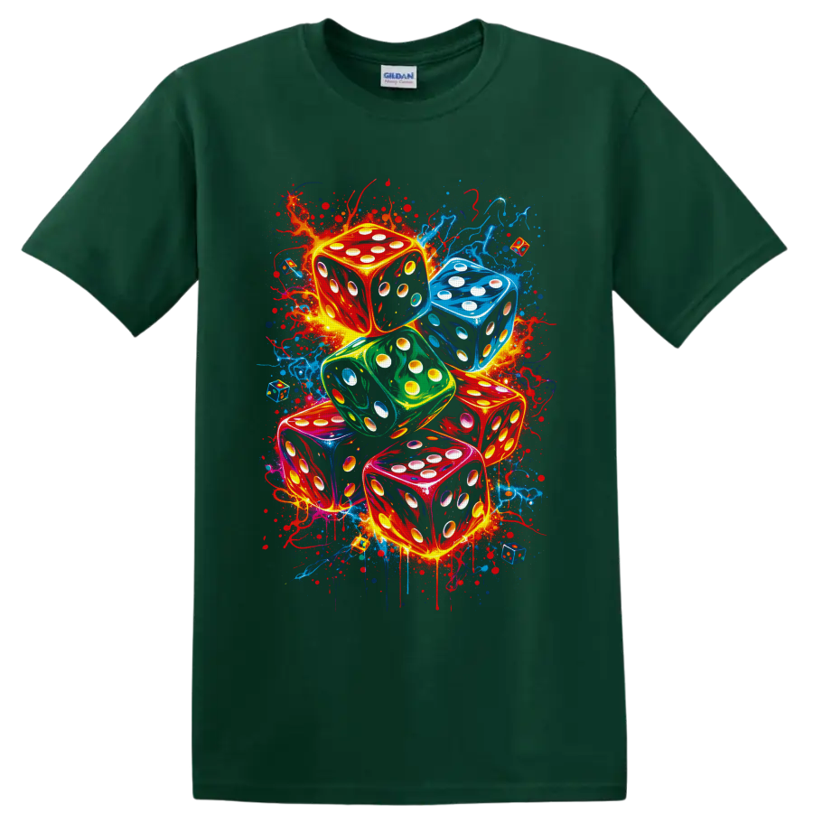 Colorful stacked dice in neon graffiti style with glowing pips and paint splatters on a Forest Green T Shirt