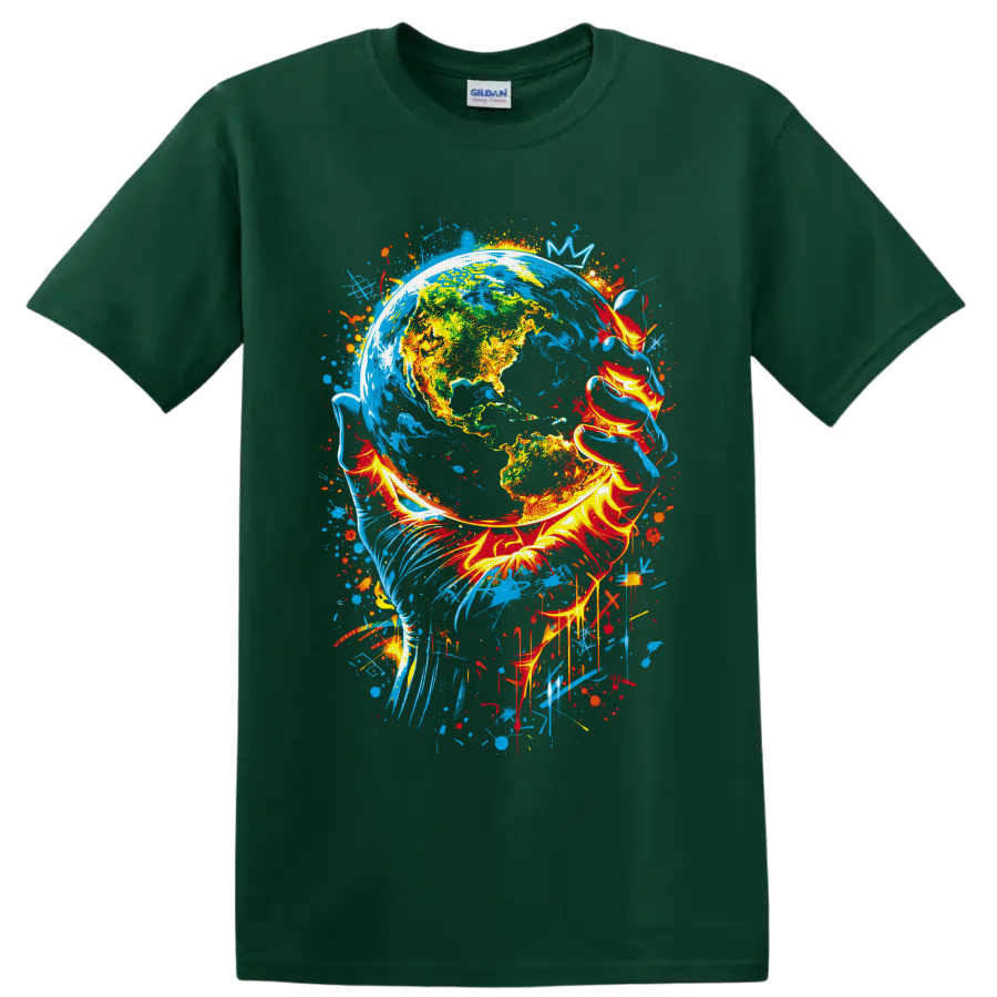 Colorful Earth globe graffiti art with fiery ribbons, blue paint splashes, and drips on a Forest Green T Shirt
