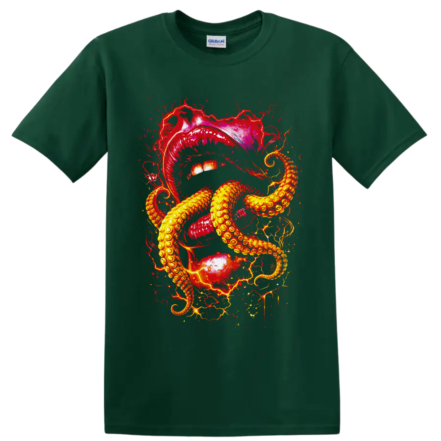 Surreal crimson lips with golden octopus tentacles in gothic splatter art on a Forest Green T Shirt