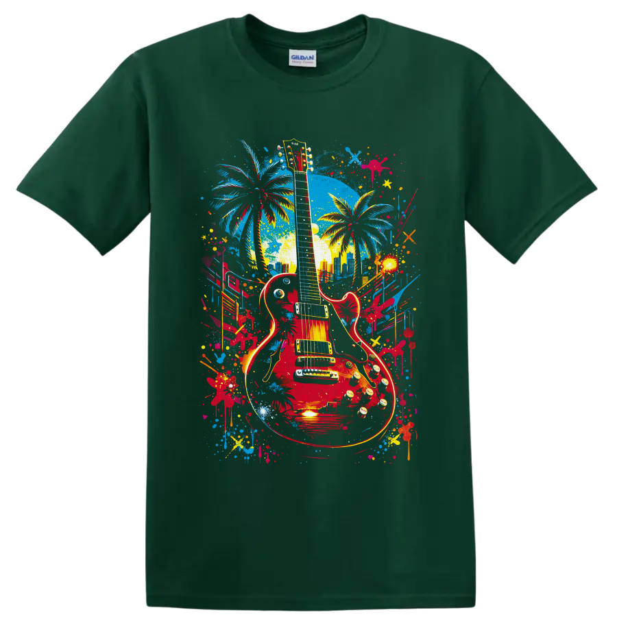 Red electric guitar with palm trees, skyline, and colorful graffiti paint splashes on a Forest Green T Shirt
