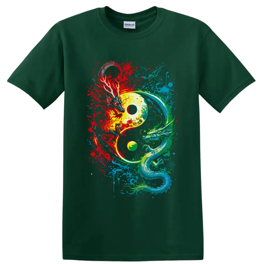 Yin yang with red phoenix and teal dragon in vibrant splatter art on a Forest Green T Shirt