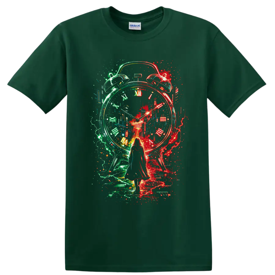 Surreal neon alarm clock and futuristic city with a woman silhouette on a Forest Green T Shirt