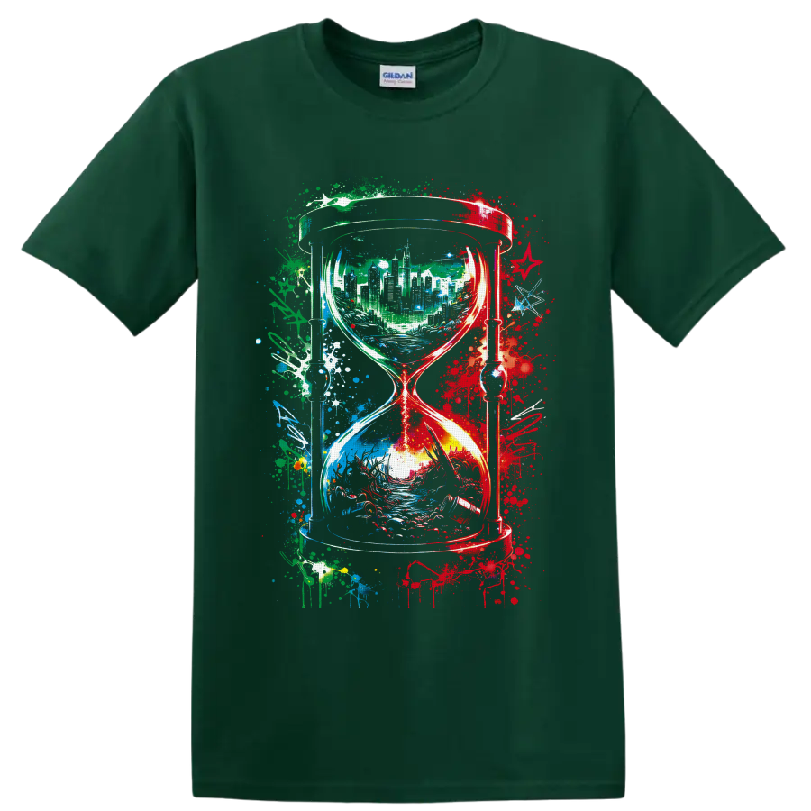Abstract hourglass with city skyline, flowing landscape, and colorful paint splatters on a Forest Green T Shirt