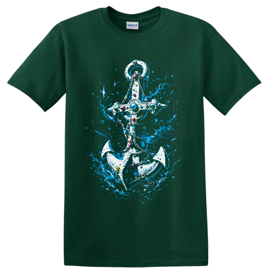 Ornate nautical anchor with electric-blue ocean splashes, bubbles, and colorful accents on a Forest Green T Shirt
