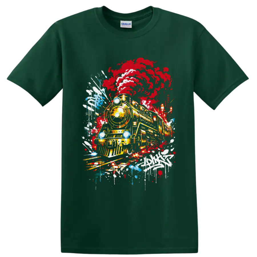 Steam locomotive with red smoke in vivid graffiti-style railroad artwork on a Forest Green T Shirt