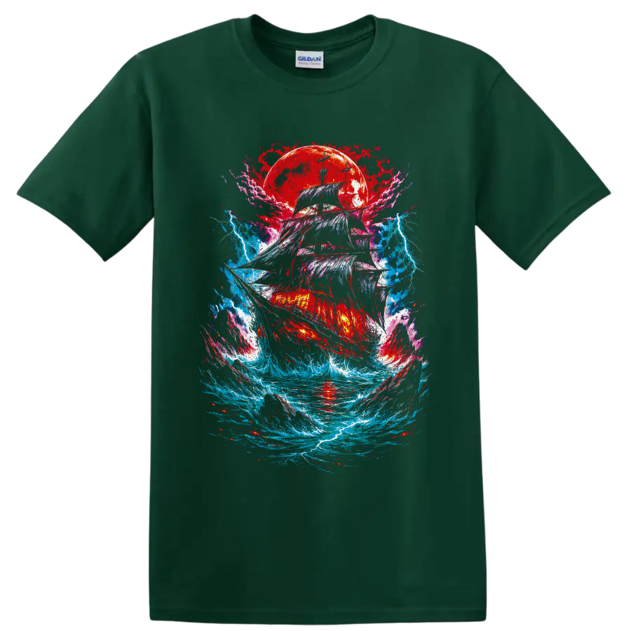 Gothic fantasy pirate ship in storm waves beneath a crimson moon and lightning on a Forest Green T Shirt