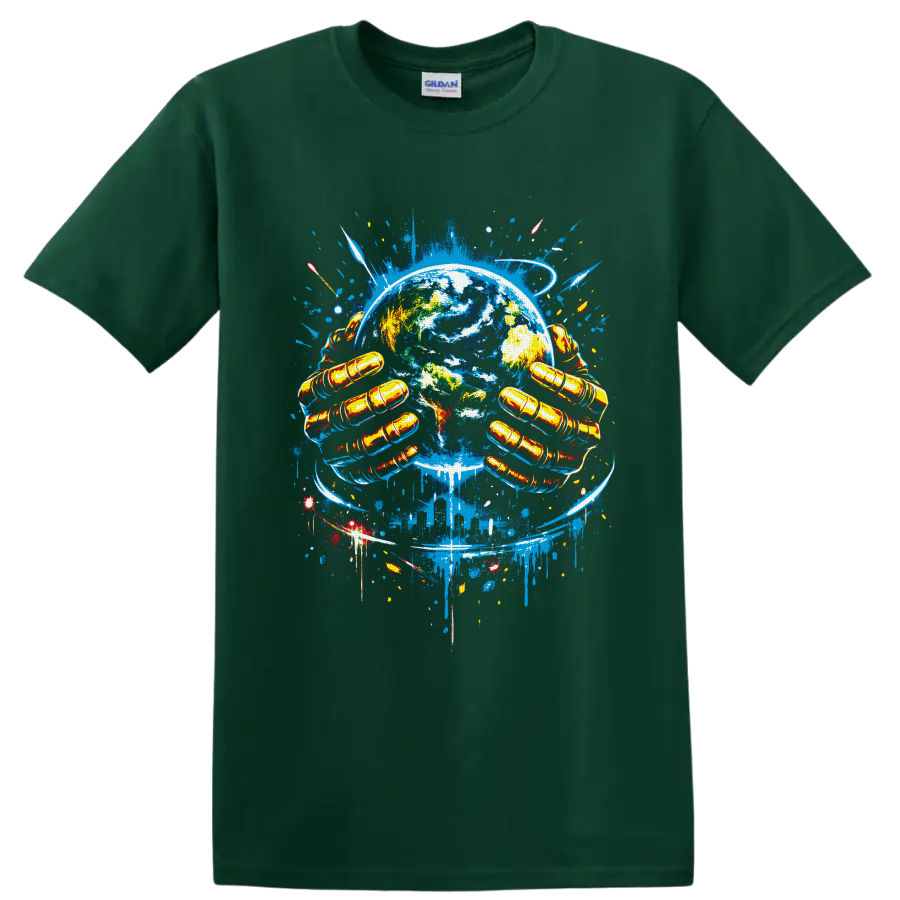 Graffiti-style Earth artwork with golden gloved hands, rockets, and blue orbit trails on a Forest Green T Shirt