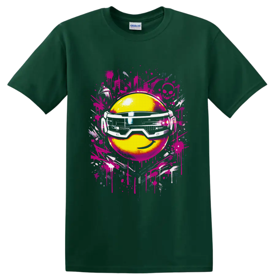 Yellow smiley face in futuristic goggles with pink graffiti splatters on a Forest Green T Shirt