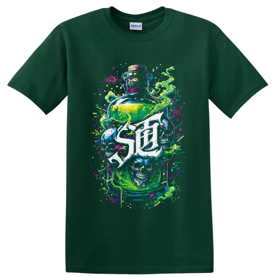 Neon graffiti glass jar with skulls, swirling smoke, splatters, and drips on a Forest Green T Shirt