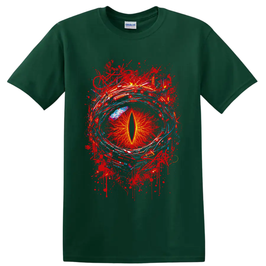 Fiery dragon eye with yellow slit pupil, red splatters, and blue abstract arcs on a Forest Green T Shirt