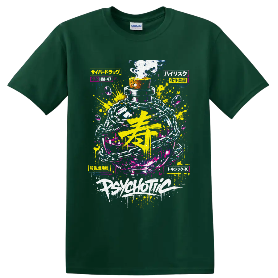 Psychedelic smoke bottle with chains, neon paint splashes, and graffiti-style lettering on a Forest Green T Shirt