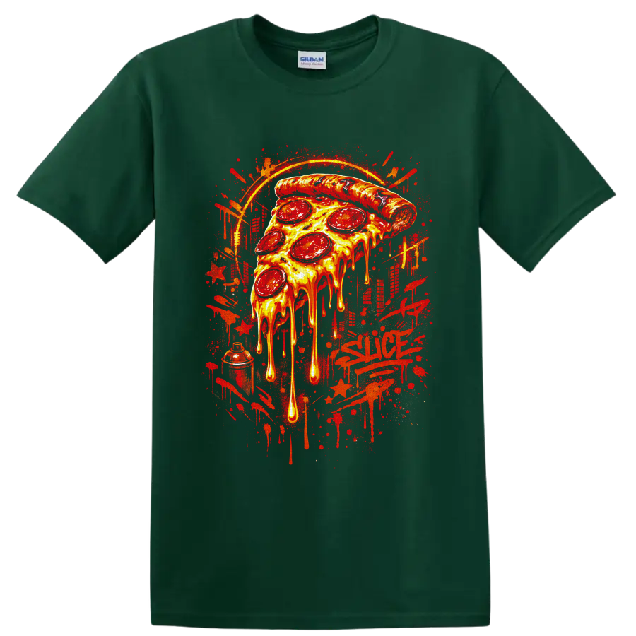 Dripping pepperoni pizza slice in fiery graffiti street art style on a Forest Green T Shirt