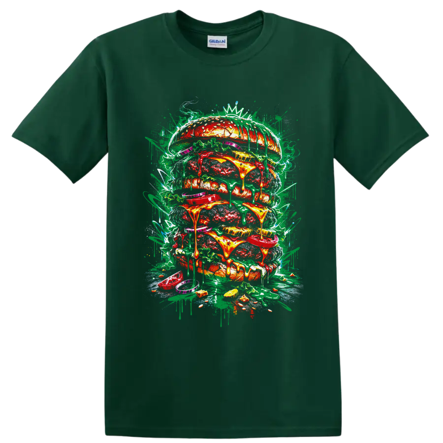 Graffiti-style giant stacked burger with dripping cheese, toppings, paint splatters, and on a Forest Green T Shirt