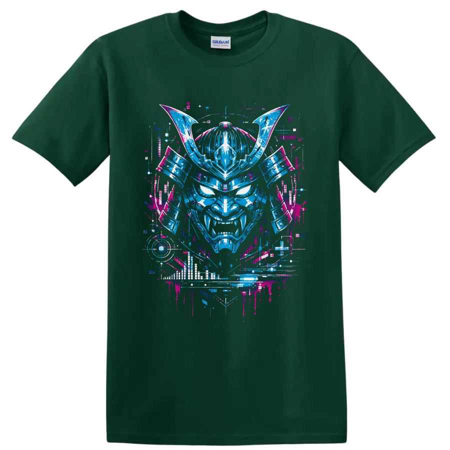 Neon cyberpunk oni mask with samurai armor, horns, fangs, and glitch-art details on a Forest Green T Shirt