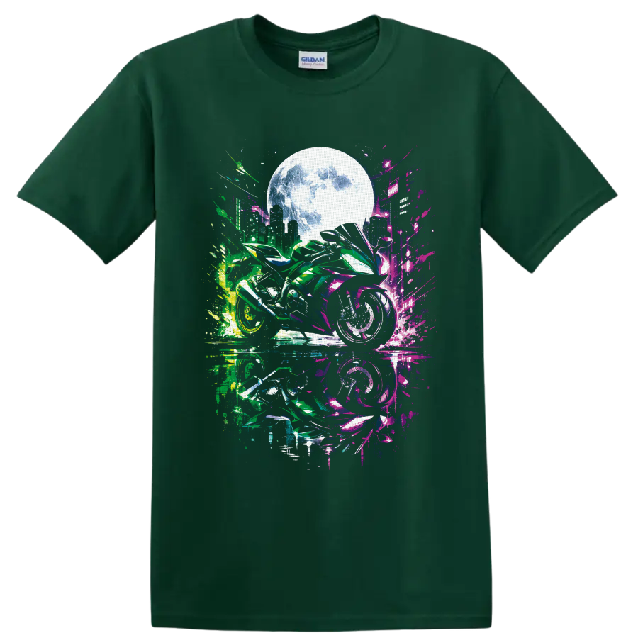 Cyberpunk sport motorcycle with neon city skyline, glowing moon, and reflective street art on a Forest Green T Shirt