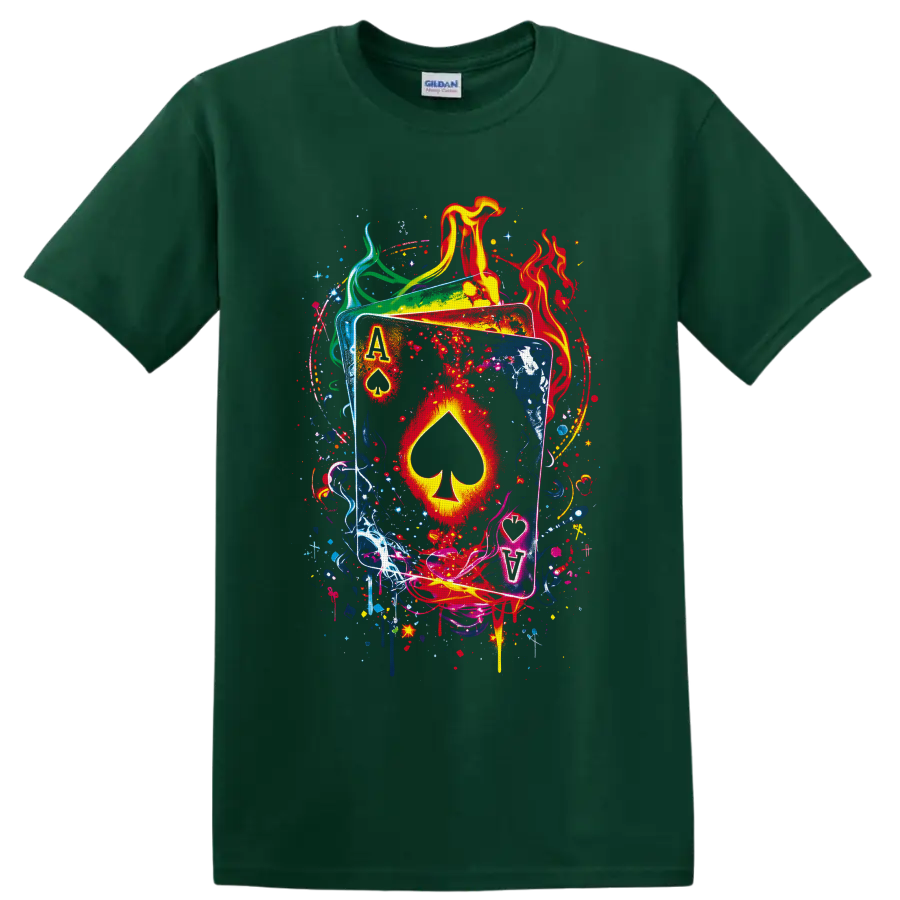 Ace of spades playing cards with flames, paint splashes, and graffiti-style art on a Forest Green T Shirt