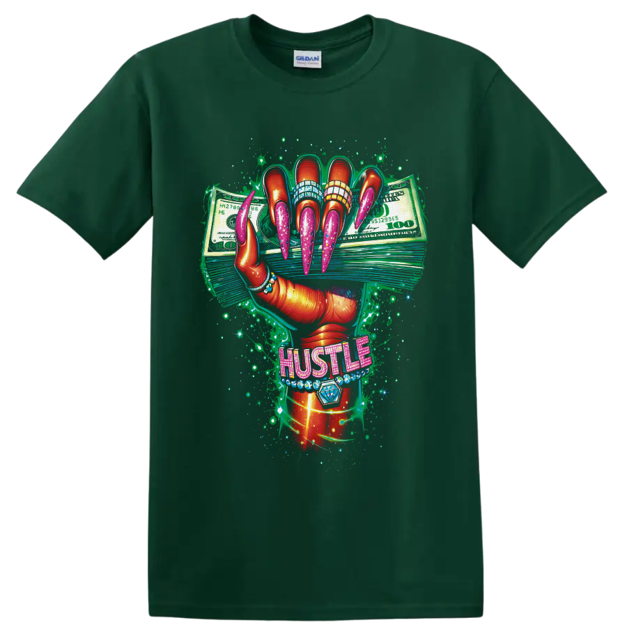 Glam manicured hand with pink nails, cash stacks, jeweled HUSTLE lettering, and sparkles on a Forest Green T Shirt