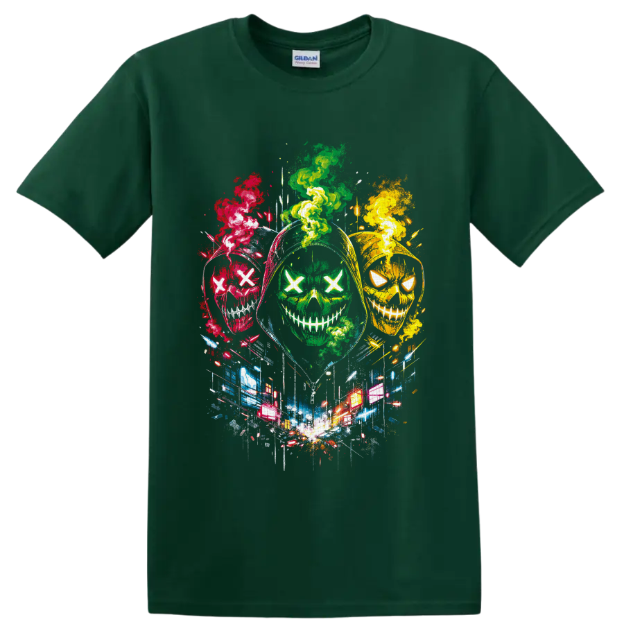 Three neon X-eyed skulls with colorful smoke and glowing city street art on a Forest Green T Shirt