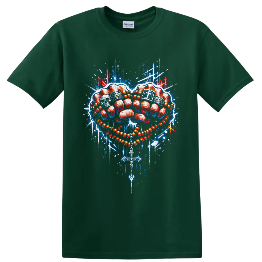 Red boxing gloves with rosary beads, cross, skull, and blue graffiti splashes on a Forest Green T Shirt