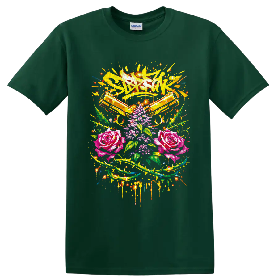 Bang Bang graffiti art with crossed golden pistols, roses, cannabis leaves, and sparks on a Forest Green T Shirt