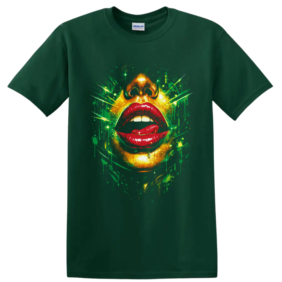 Abstract face with glossy red lips and neon green graffiti splatter art on a Forest Green T Shirt