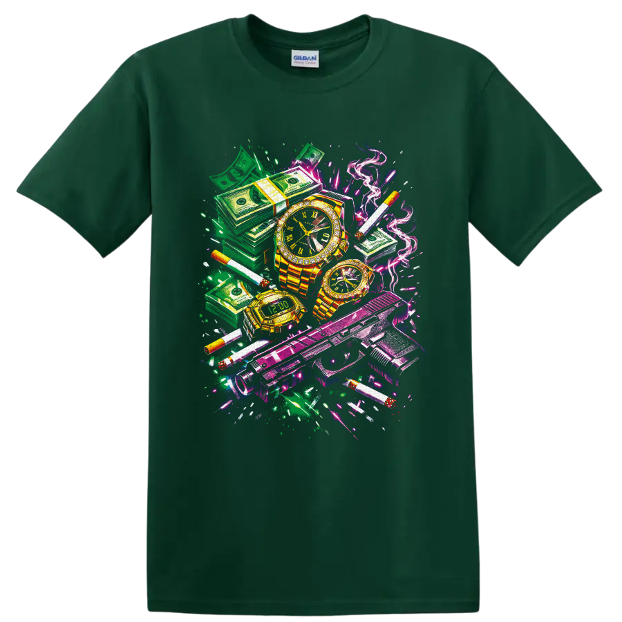 Neon graffiti collage of cash stacks, gold watches, handguns, cigarettes, and smoke on a Forest Green T Shirt