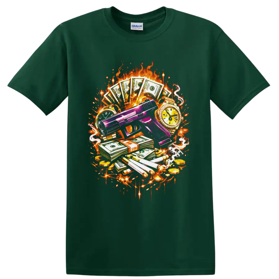 Purple handgun with cash, gold watches, cigars, coins, flames, smoke, and graffiti on a Forest Green T Shirt