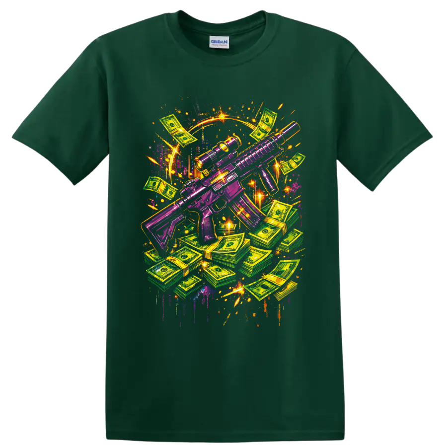 Neon purple tactical rifle with cash stacks in vibrant graffiti art on a Forest Green T Shirt