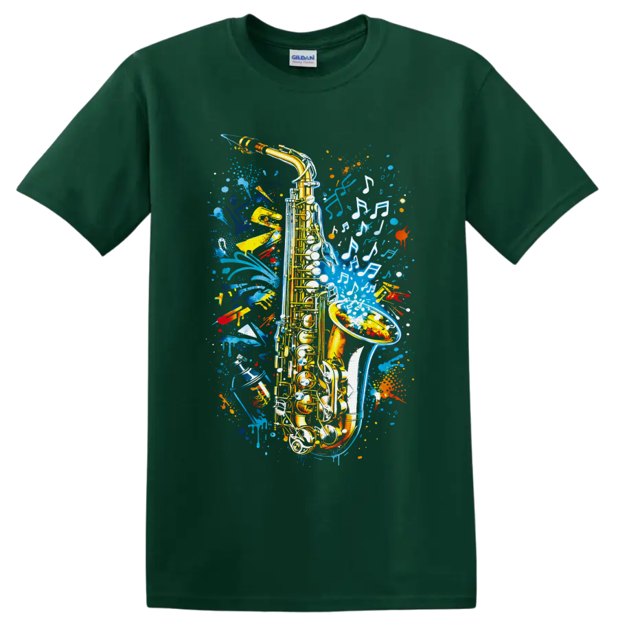 Golden saxophone with white musical notes and colorful graffiti paint splashes on a Forest Green T Shirt