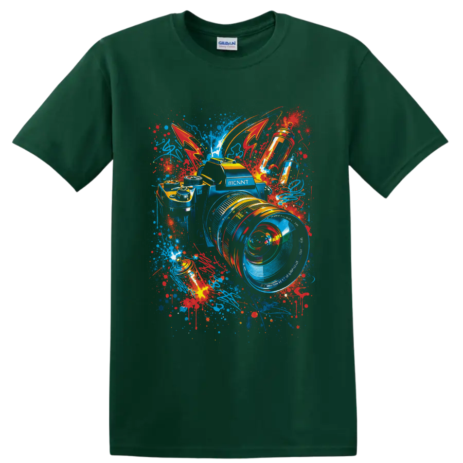 Graffiti-style camera with oversized lens, vivid paint splatters, and abstract strokes on a Forest Green T Shirt