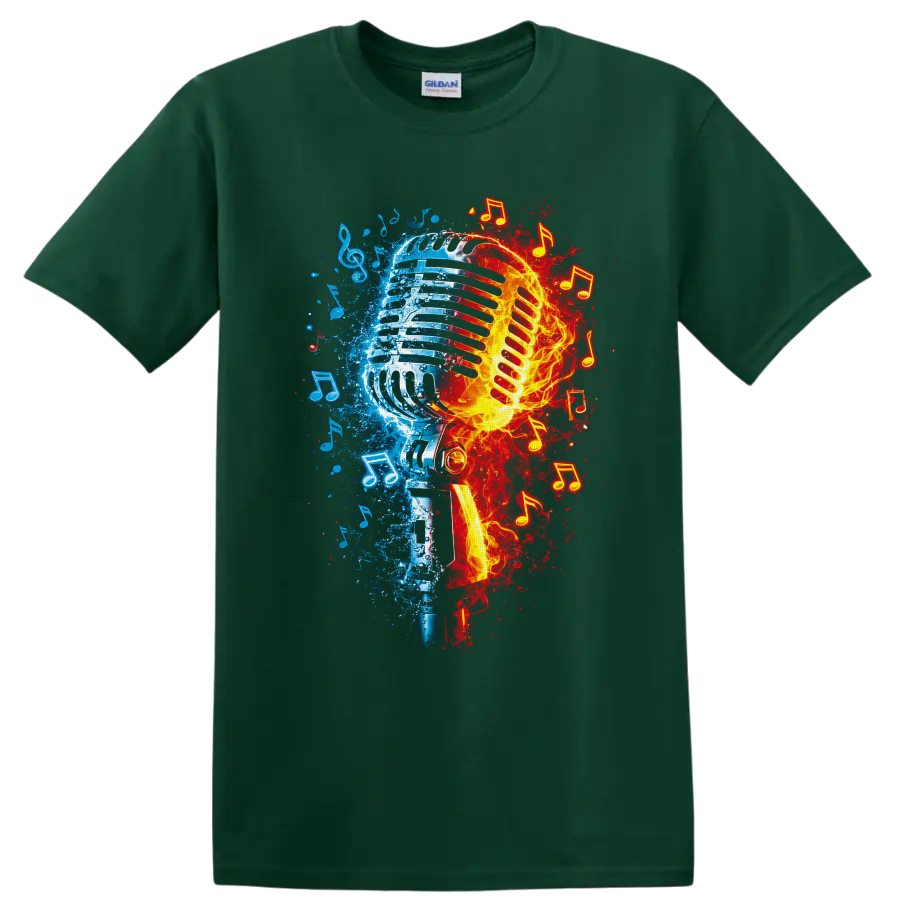 Fire and ice vintage microphone graphic with blue splashes, flames, and music notes on a Forest Green T Shirt